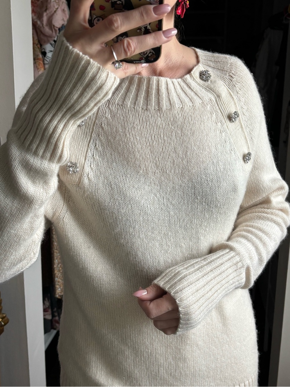 J. Crew Cream Crewneck Sweater with Rhinestone Buttons Sz S Wool blend
